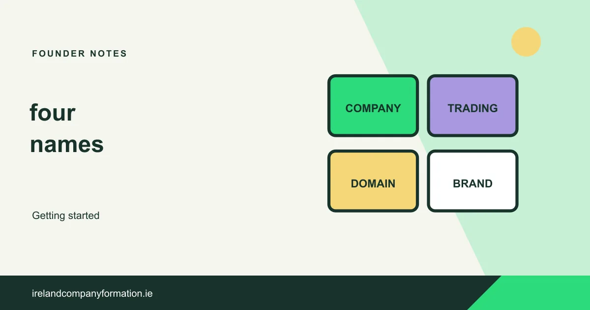 Four labelled cards for company, trading, domain and brand names