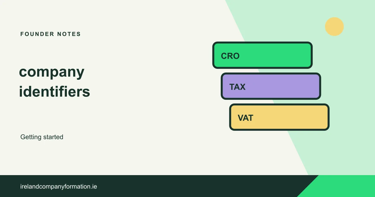 Three separate identifier cards labelled CRO, TAX and VAT
